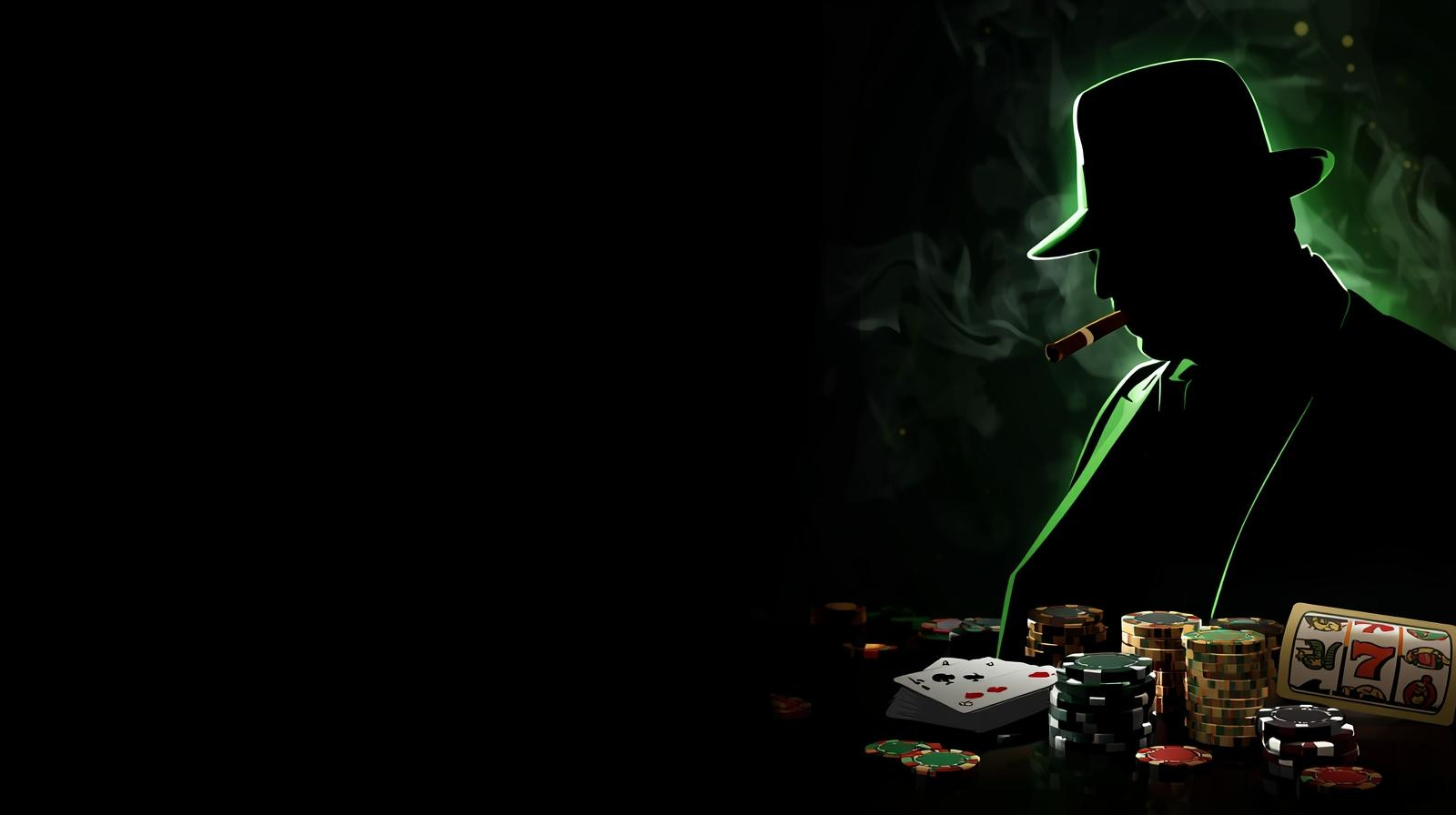 Mafia-themed casino banner with room on the left for headline and a small fedora silhouette on the right